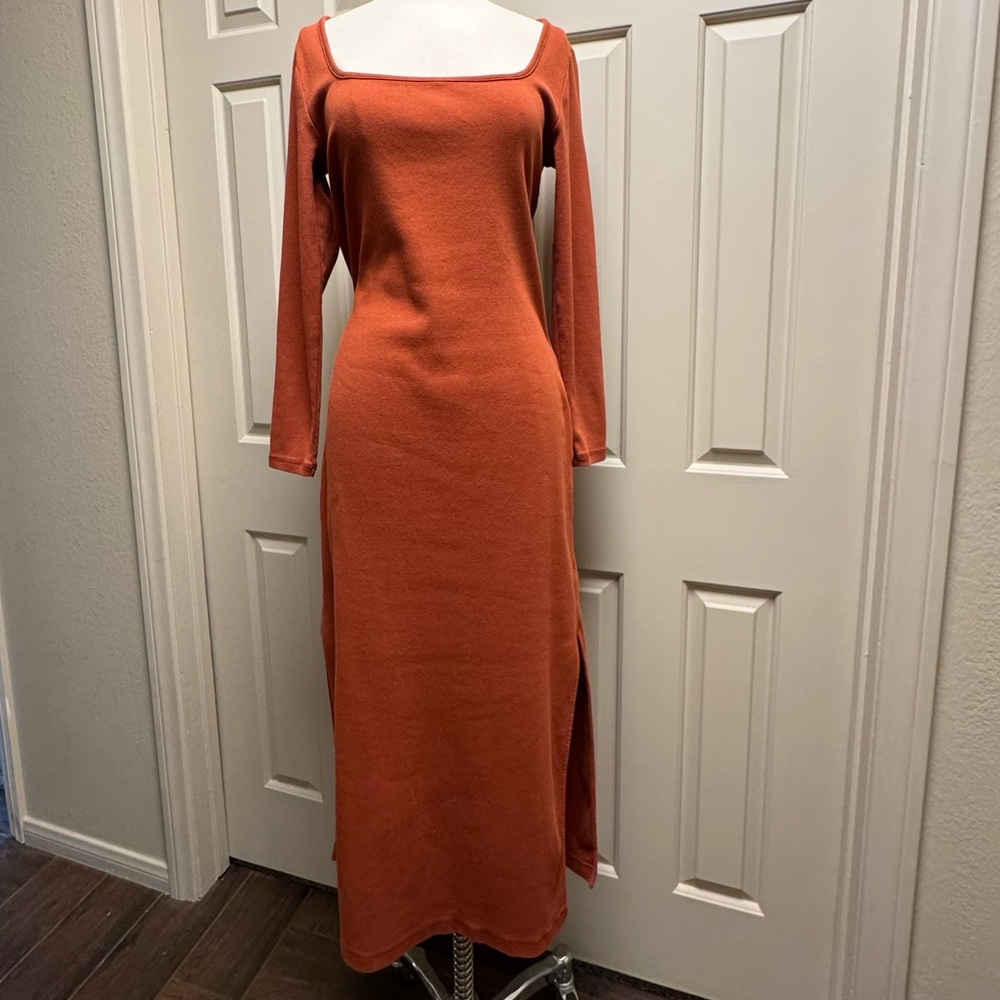 Old Navy Square Neck Long Cotton Sleeve Maxi Dress in Rust Orange